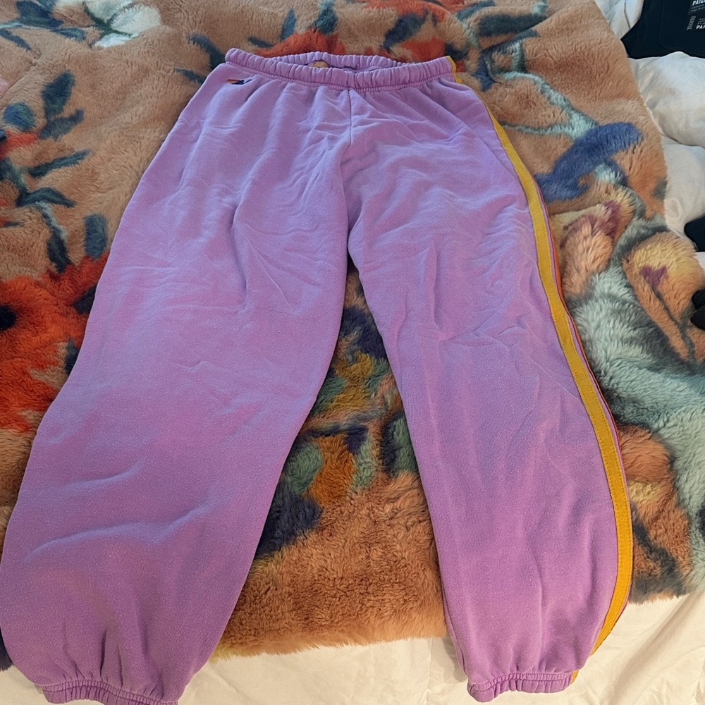 Aviator Nation Lavender Joggers with yellow, orange, blue and navy Stripe